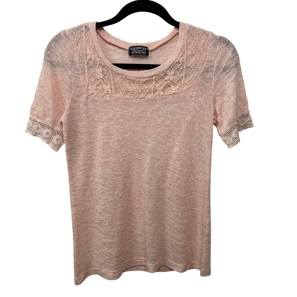 Papermoon Stitch Fix Pink Lace Short Sleeve Knit Top XS Coquette Romantic Pastel